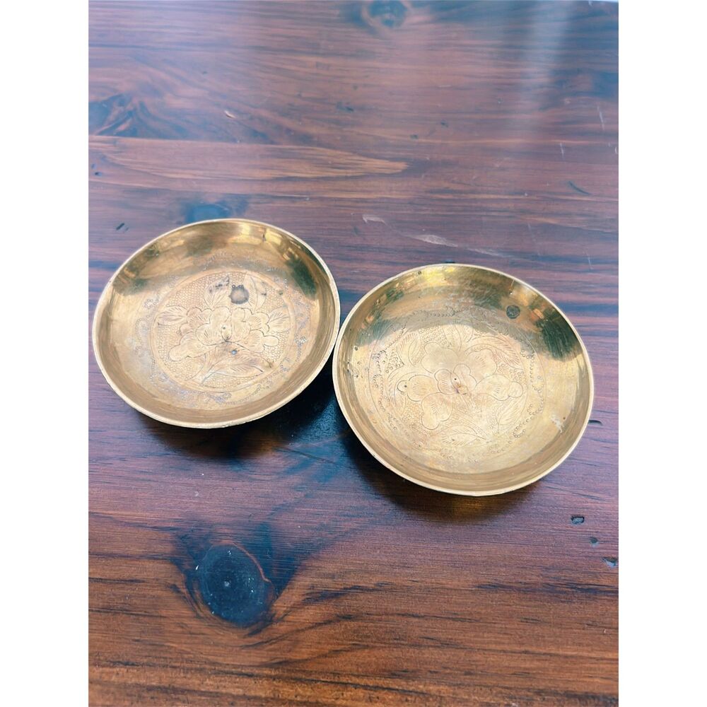 Vintage Etched Solid Brass Small Dish Floral Incense Trinket Bowl